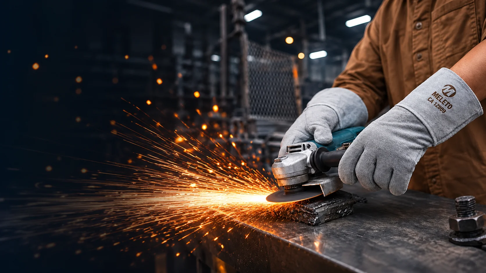 Profissional utilizando luvas Meleto durante trabalho com metal